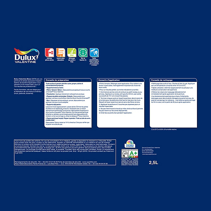 Peinture murs et plafonds phase aqueuse Dulux Valentine satin blanc 2,5L