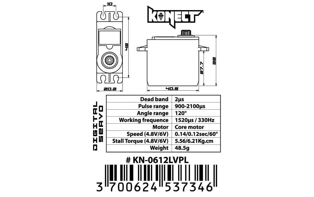 Standard Servo 0612LVPL 6.2 kg, 0.12 s, DigitalDigitales Standard-Servo mit Kunststoffgetriebe