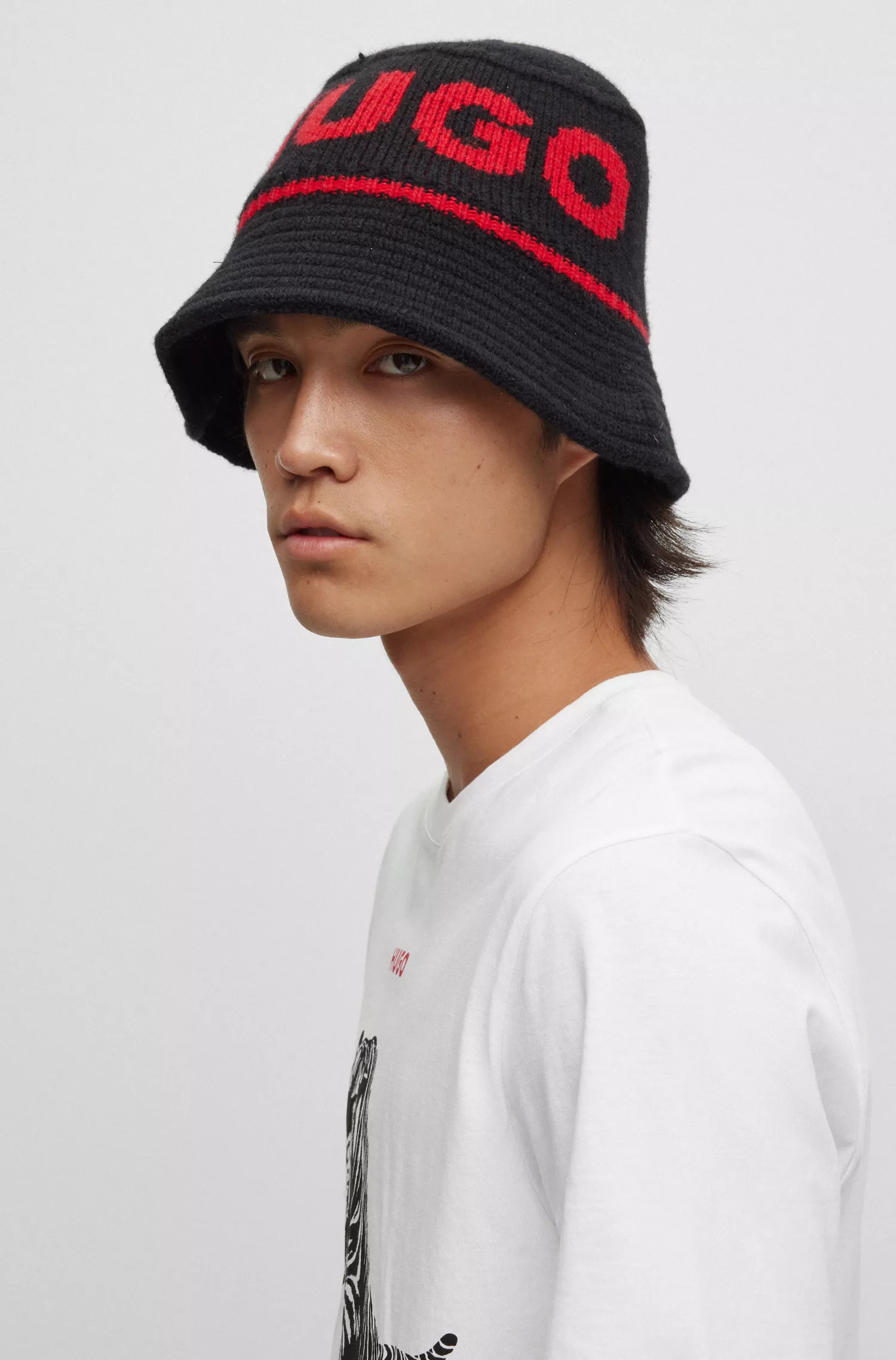Gorro de malha estilo balde vermelho HUGO com jacquard do logotipo