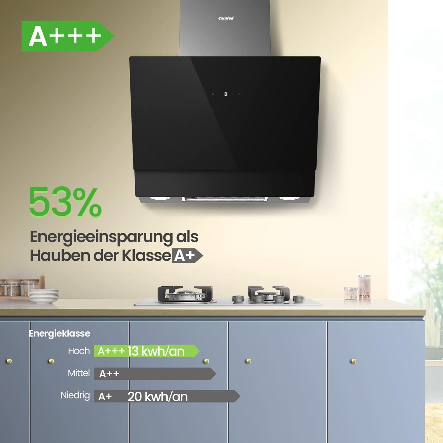 COMFEE' CH60J72ET6A3B A+++ Dunstabzugshaube 60 cm, 650m³/h Luftstrom, Kopffreihaube 60cm Umluft und Abluft, Touchscreen, Gestensteuerung, 4 Geschwindigkeiten, LED, Schwarz