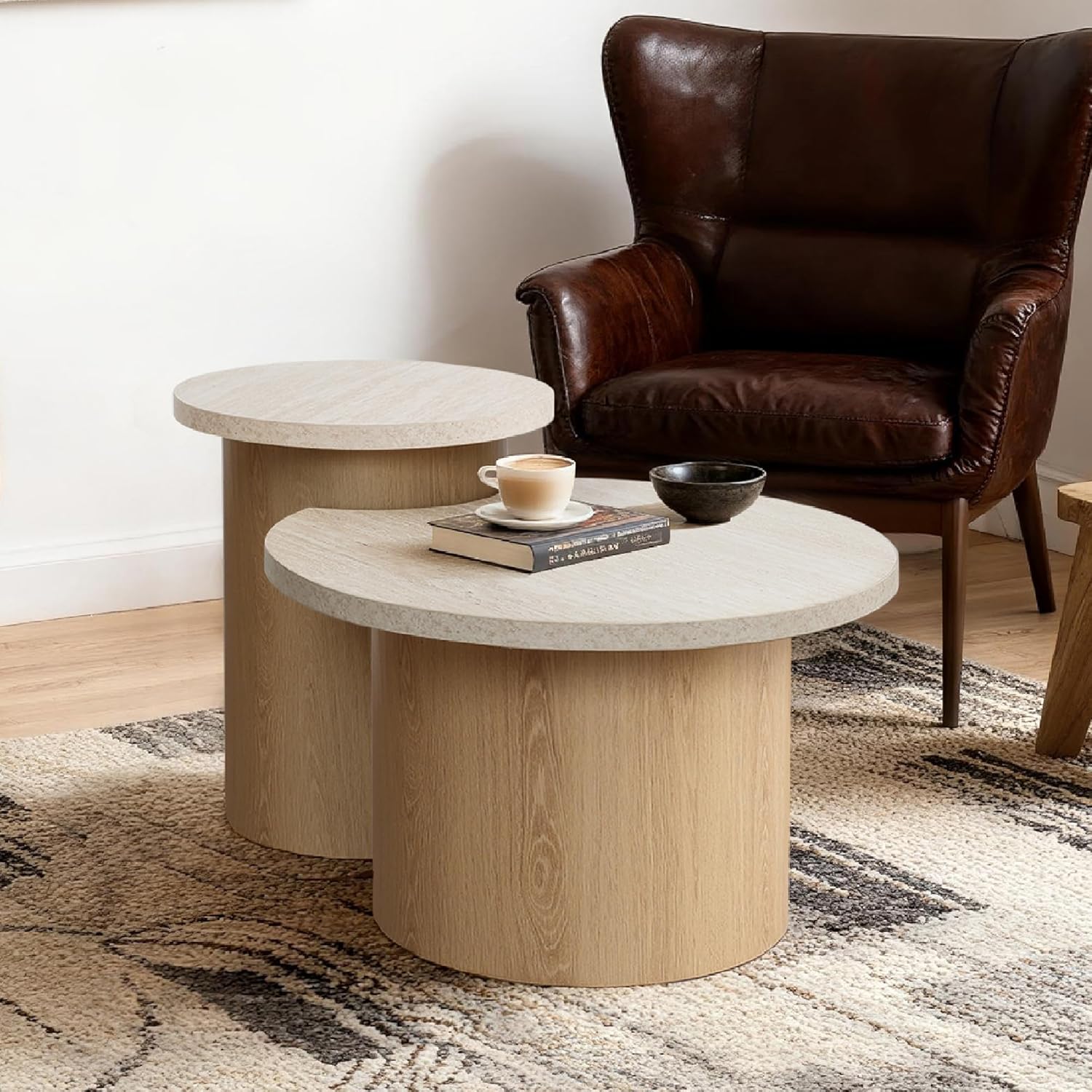 Couchtische Holz 2er-Set Rund, Moderner Runder Beistelltische, Kaffeetisch– in Steinoptik & Holzoptik fürs Wohnzimmer