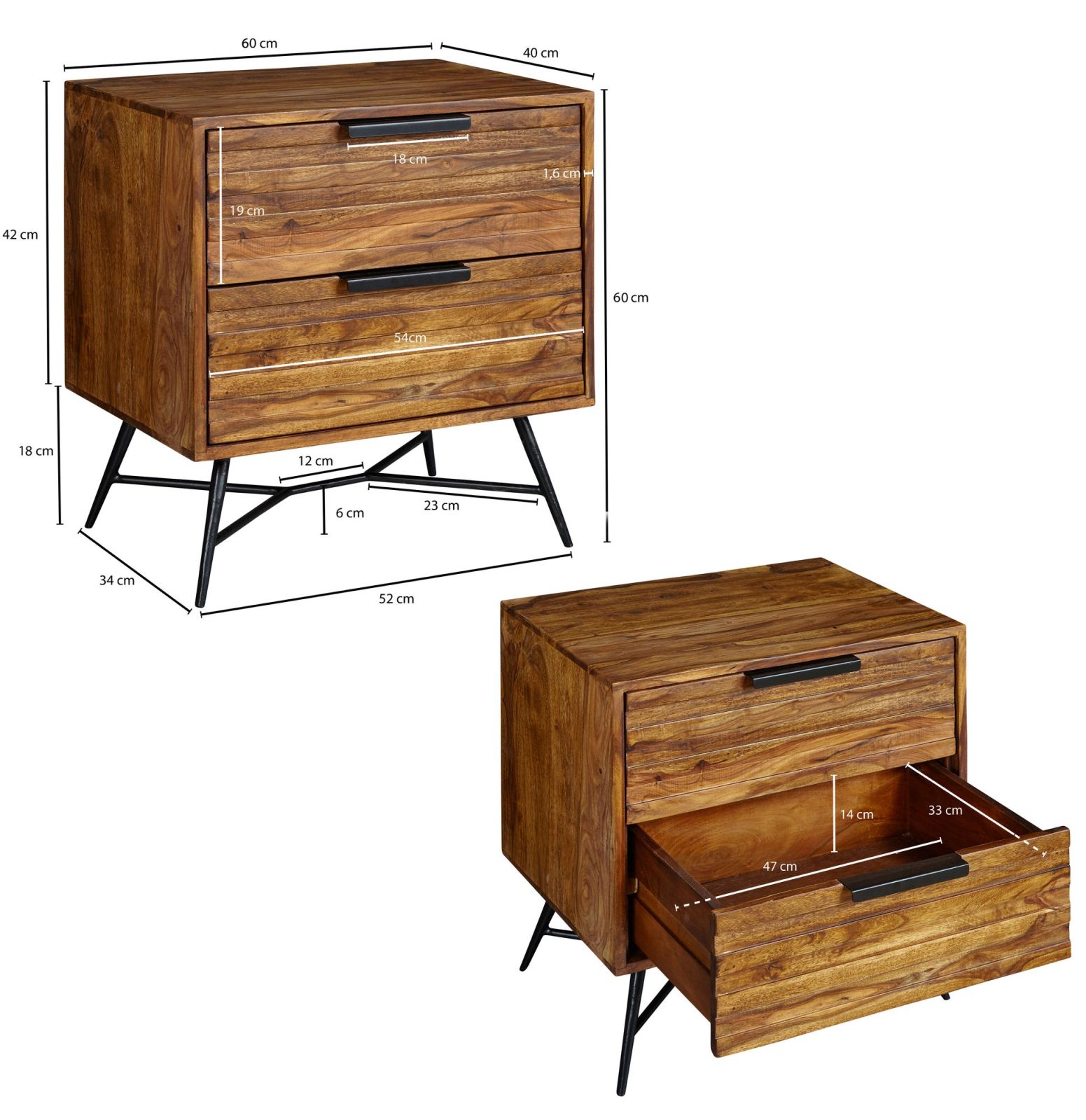Nachtkonsole - Sheesham Massivholz - 2 Schubkästen - 60 cm