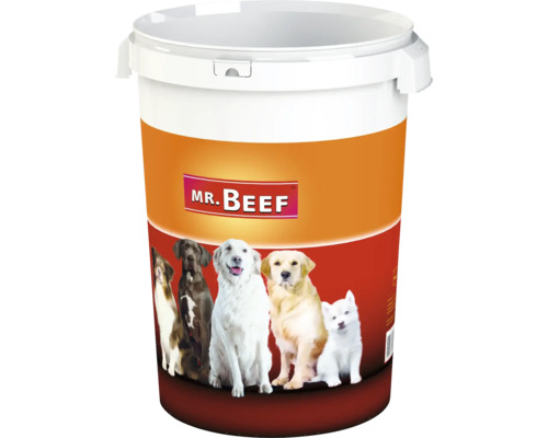 Mr. Beef voerbak met deksel, kunststof. Diameter: 37 cm, Hoogte: 54 cm. Inhoud: ca. 40 liter (leeg).