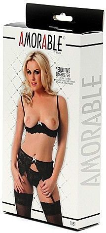 Amorable By Rimba - Erotische Lingerieset - BH Met 1/2 Open Cu - Jarretel - Kousen en String