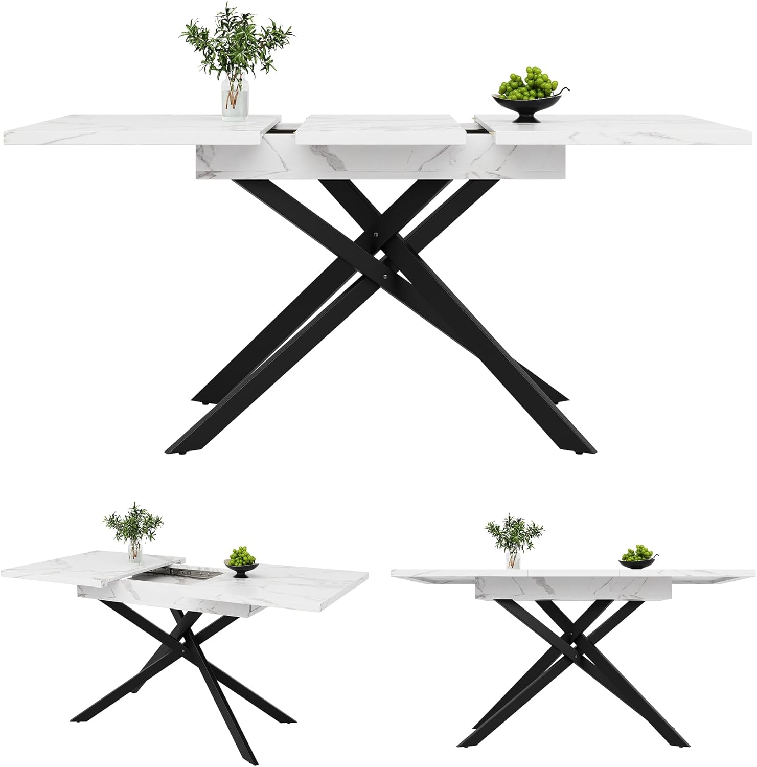Esstisch Ausziehbar, küchentisch Esszimmertisch, 120-160×80x76.5 cm Rechteckiger Küchentisch, Schwarz Gekreuzte Eisenbeine, Dining Table, Ausziehbar Esstisch für Wohnzimmer, Esszimmer (Weiß)