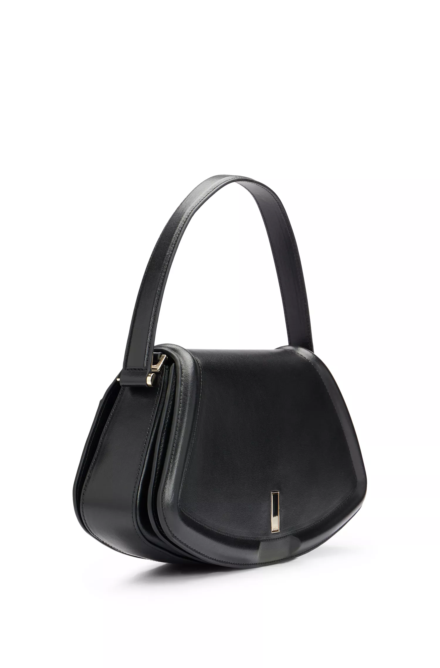Bolsa de ombro BOSS em couro preto com detalhes da marca.
