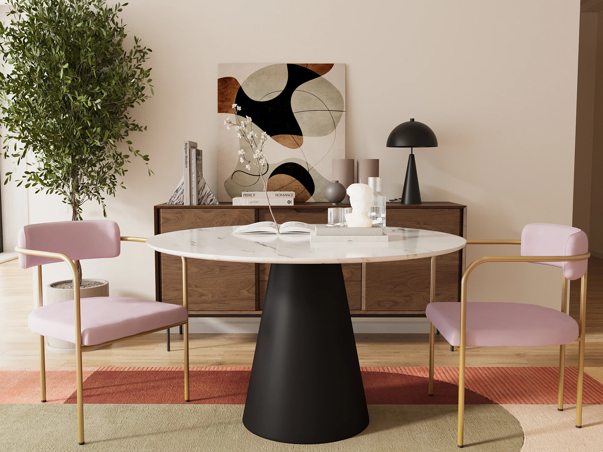 BARBARA - Chaise de salle à manger tapissée velours avec accoudoirs | Rose