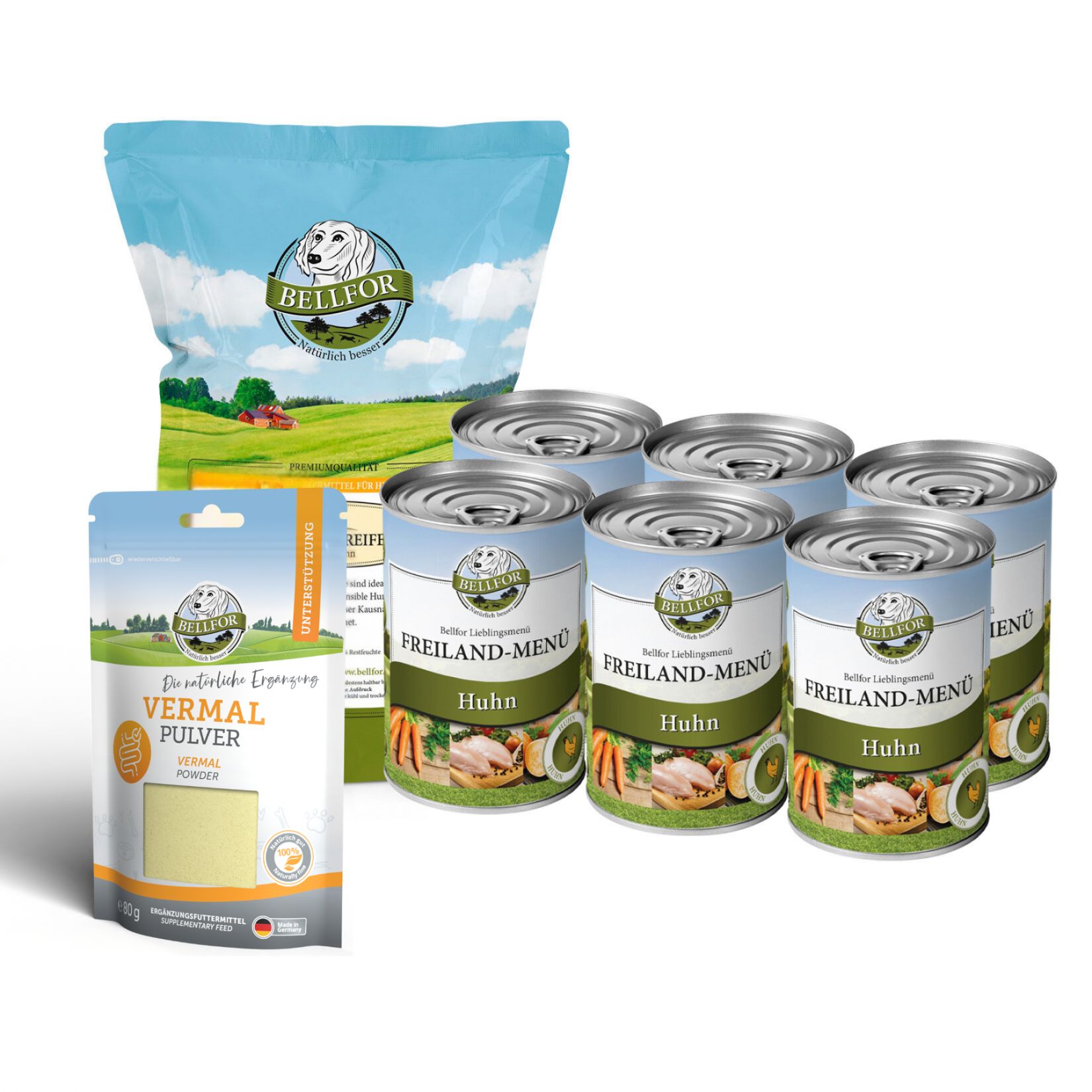 Bellfor Giardien Sparset - Hundefutter Nass + Vermal Pulver + Hühnertrockenfleisch