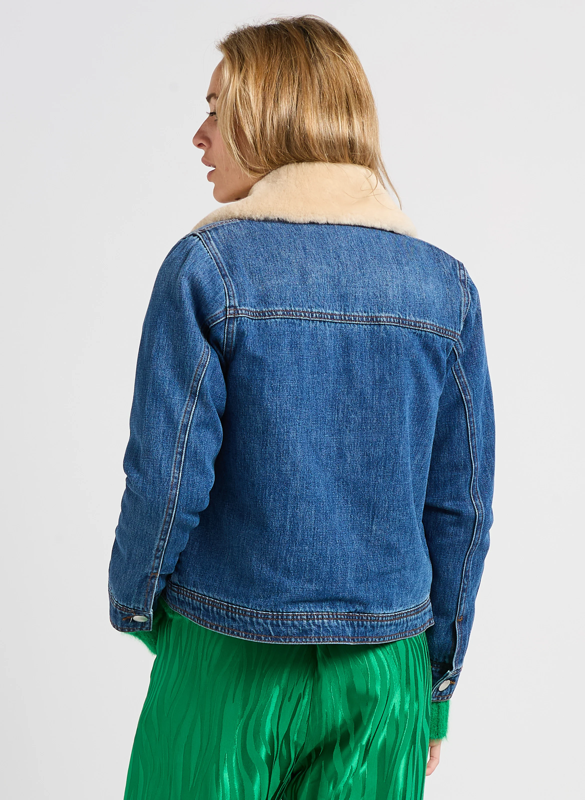 ELEONOR - Veste denim col un fourrure amovible en coton | Bleu