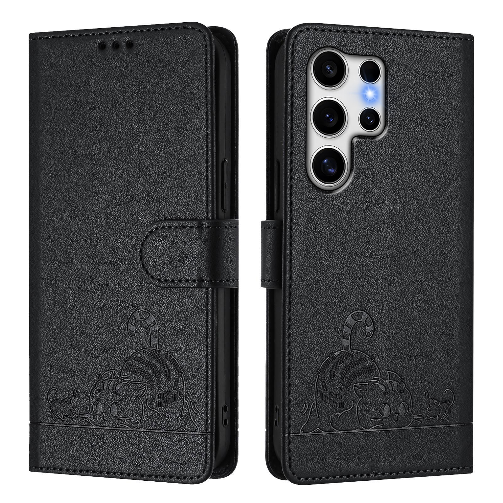 Samsung Galaxy S25 Ultra Leder Tasche Litchi Look mit Katzen Imprint (RFID Schutz) - Schwarz