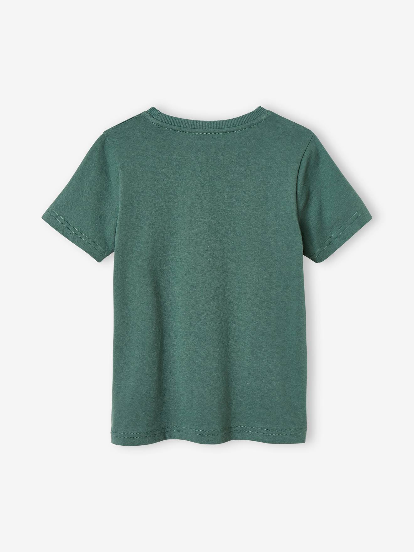 Camiseta infantil masculina em algodão orgânico com estampa de animais, verde salgueiro.