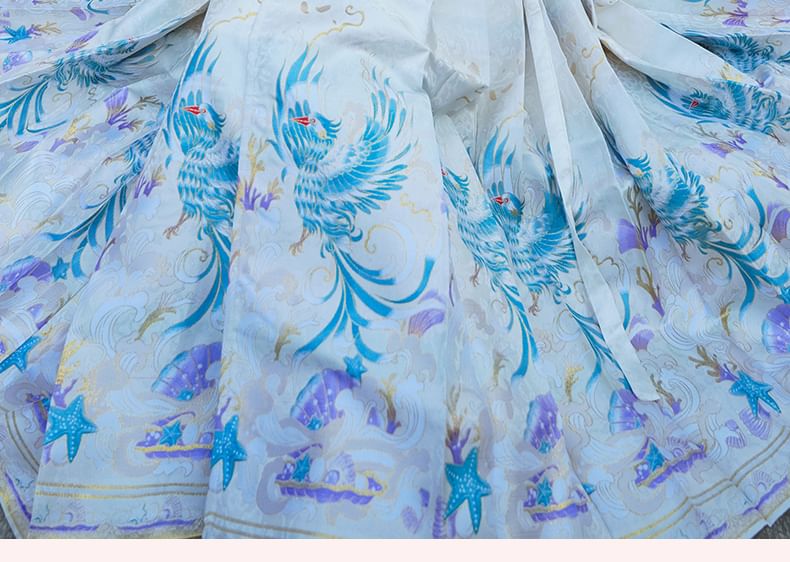 Fioridi - Hanfu-top met korte mouwen en knoopjes / Midi-rok met hoge taille en feniksprint