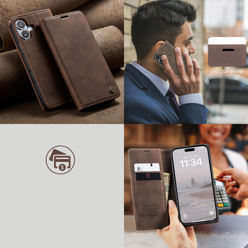 iPhone 16 Leder Tasche Flip Wallet Etui mit Kartenfächern - Braun