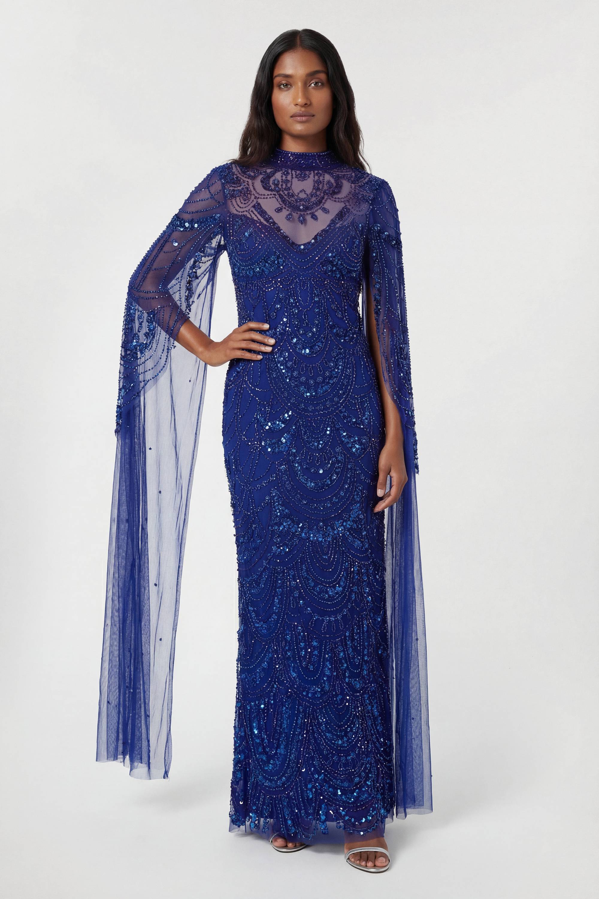 KarenMillen Robe Cape Mi-Longue Tissée Ornée de Perles Premium