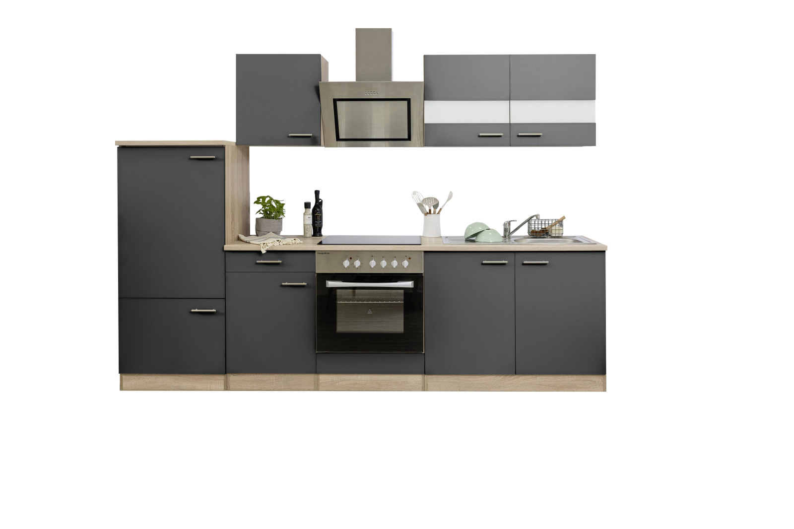 RESPEKTA Küchenzeile - grau - Eiche sägerau - mit E-Geräten - 270 cm