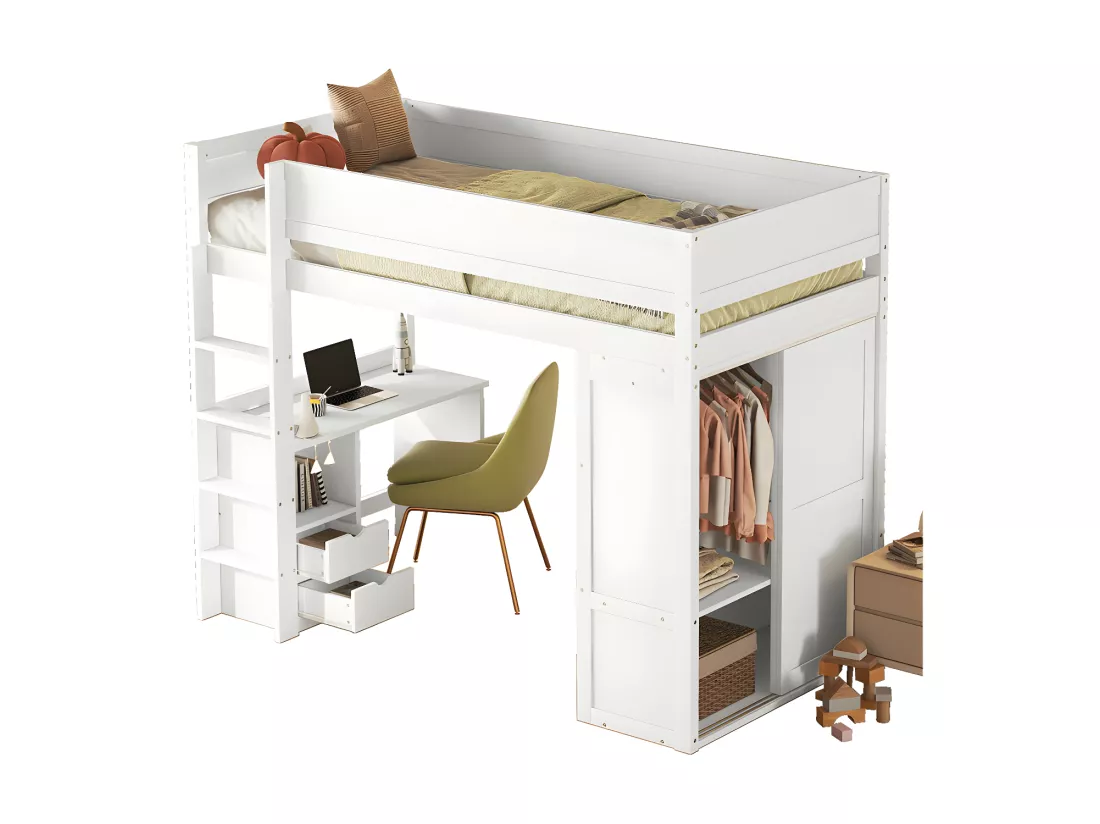 Lit mezzanine 90x200cm - lit enfant multifonctionnel - équipé d'une armoire et un bureau - en pin massif - Blanc