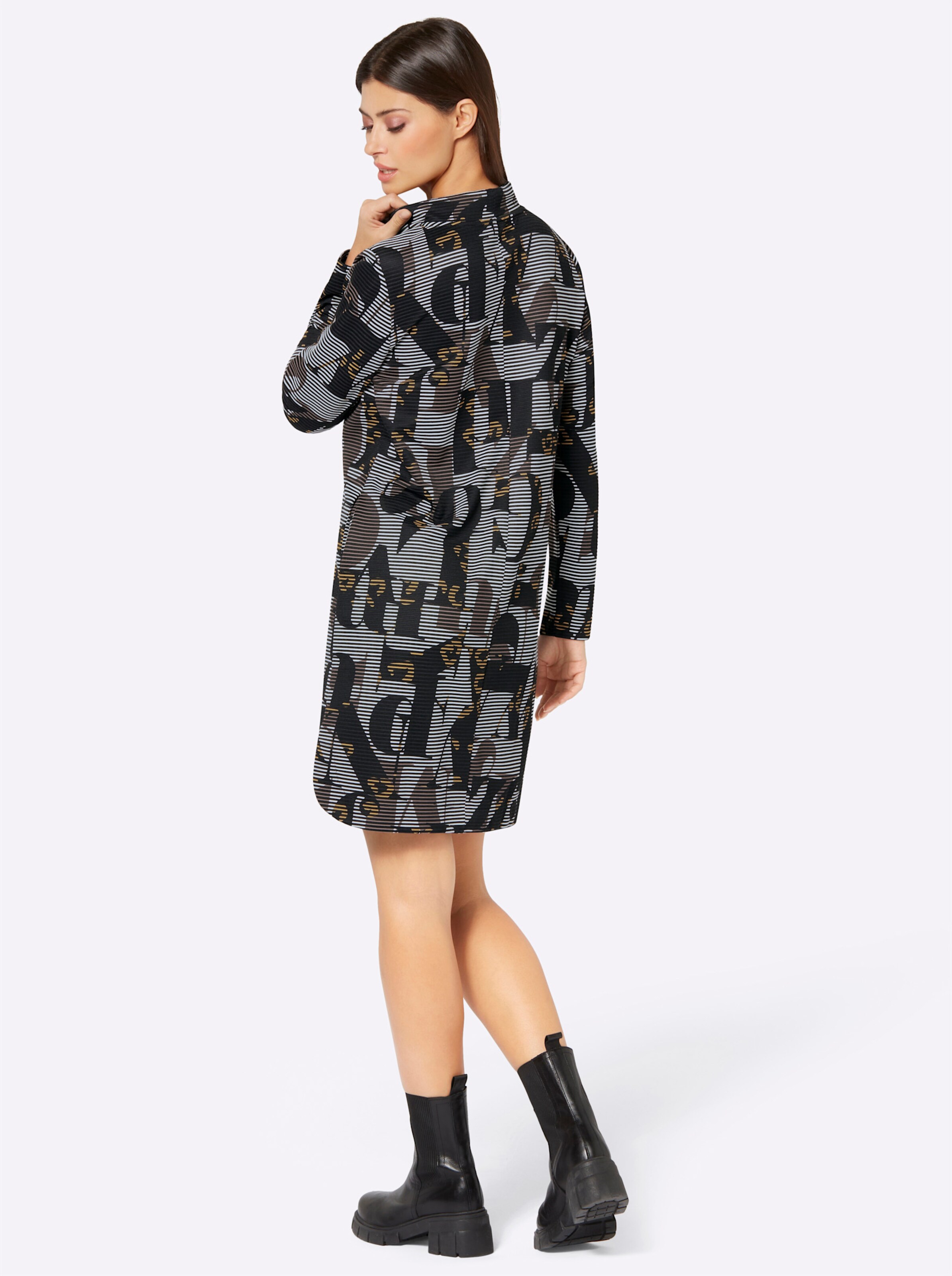 Jersey-Kleid in schwarz-ocker-bedruckt