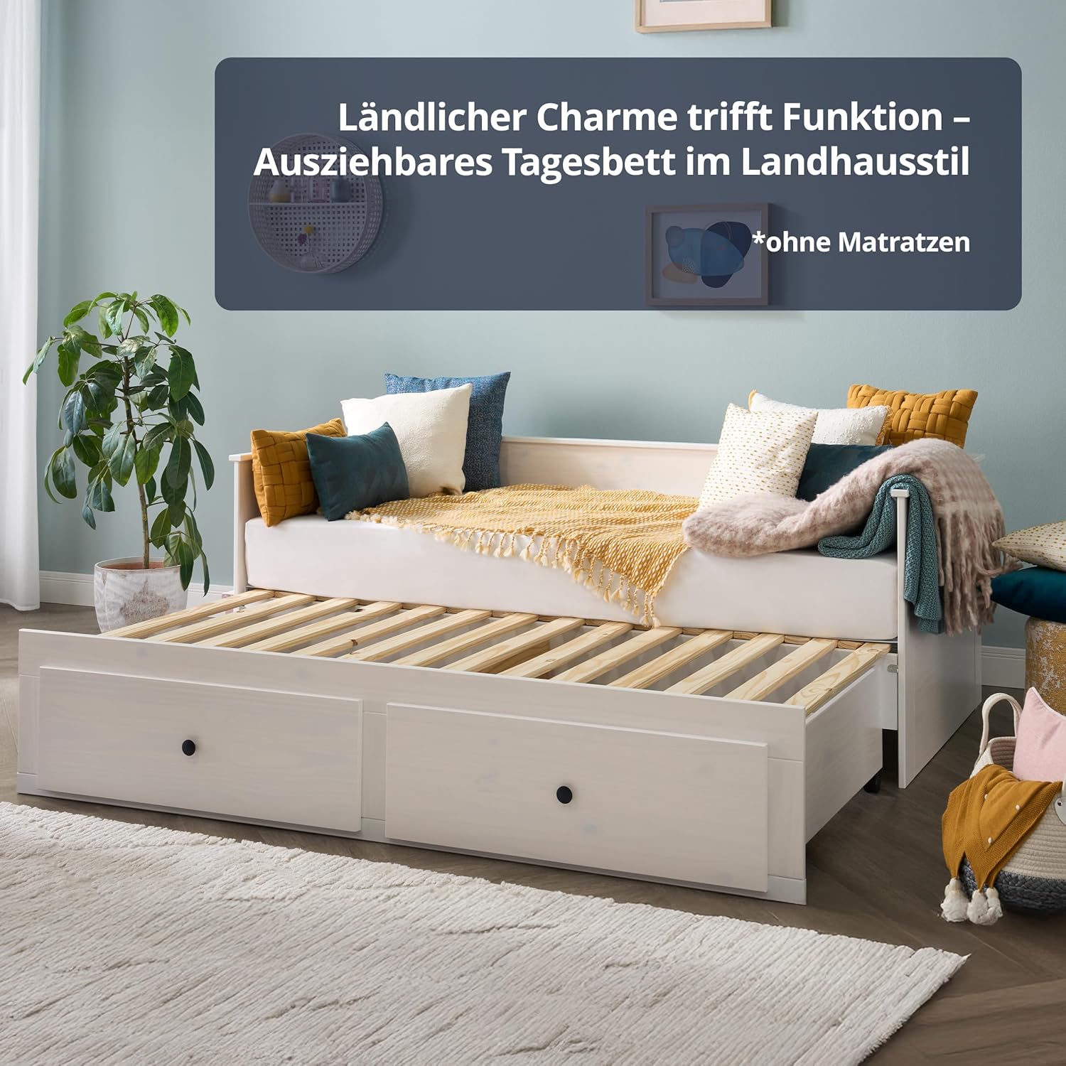KHG Tagesbett mit Ausziehfunktion 90-180x200cm weiß integrierte Schubkästen mit Lattenrost Holzwerkstoff moderner Landhaus-Charme