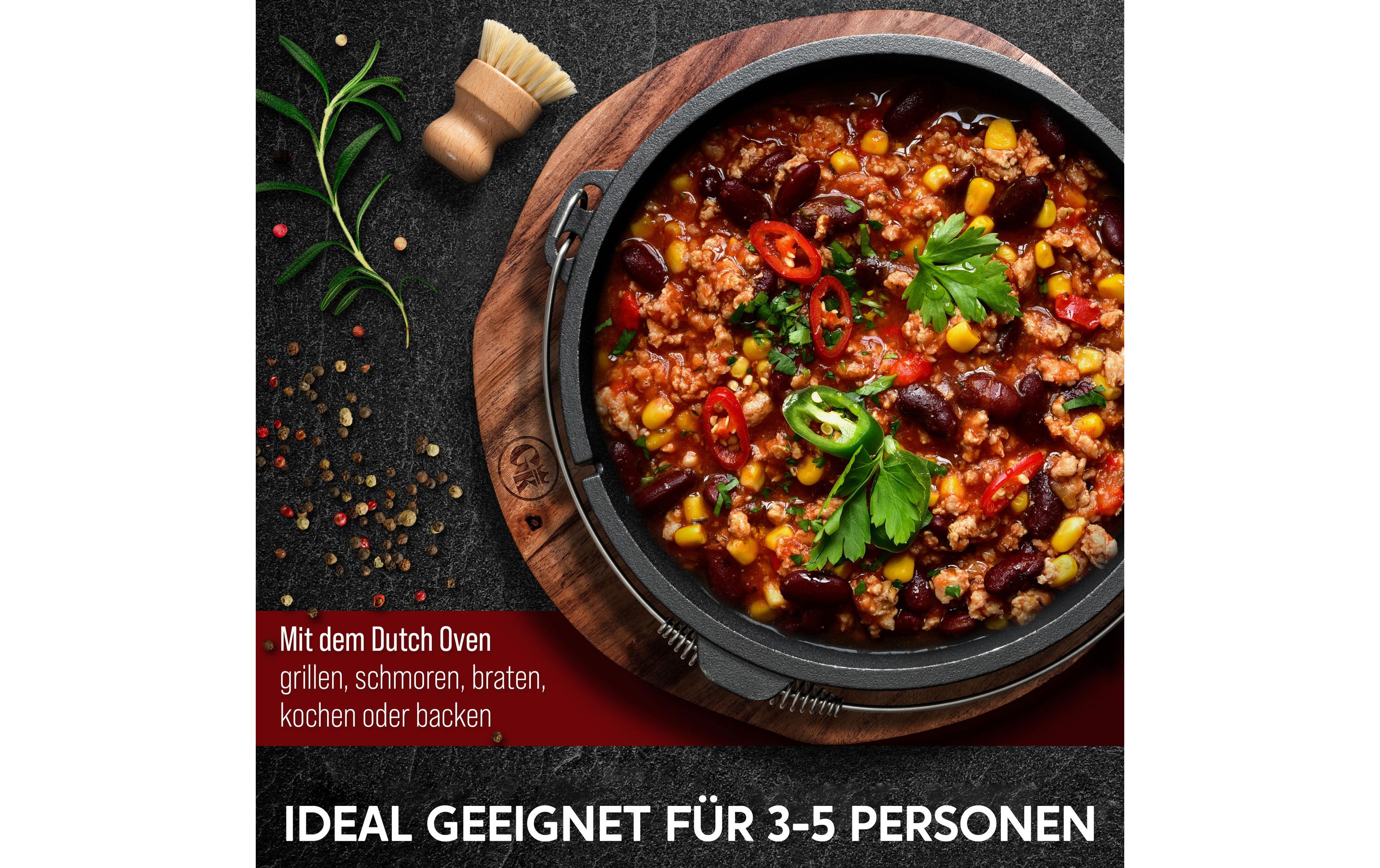 Dutch Oven Set 9 l mit Heber, Bürste, UntersetzerSet mit 2in1 Deckelheber, Reinigungsbürste und Untersetzer