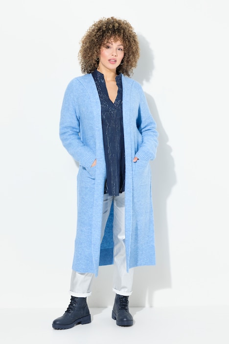 Long-Strickjacke, Kapuze, offene Jacke, Linksstrick