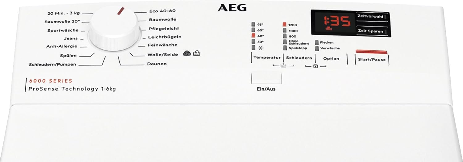 AEG Waschmaschine Toplader, Serie 6000 ProSense: Mengenautomatik, 6 kg, Inverter Motor, EEKL B, Startzeitvorwahl, Leise, 1200 U/min, Weiß, LTR6N40260