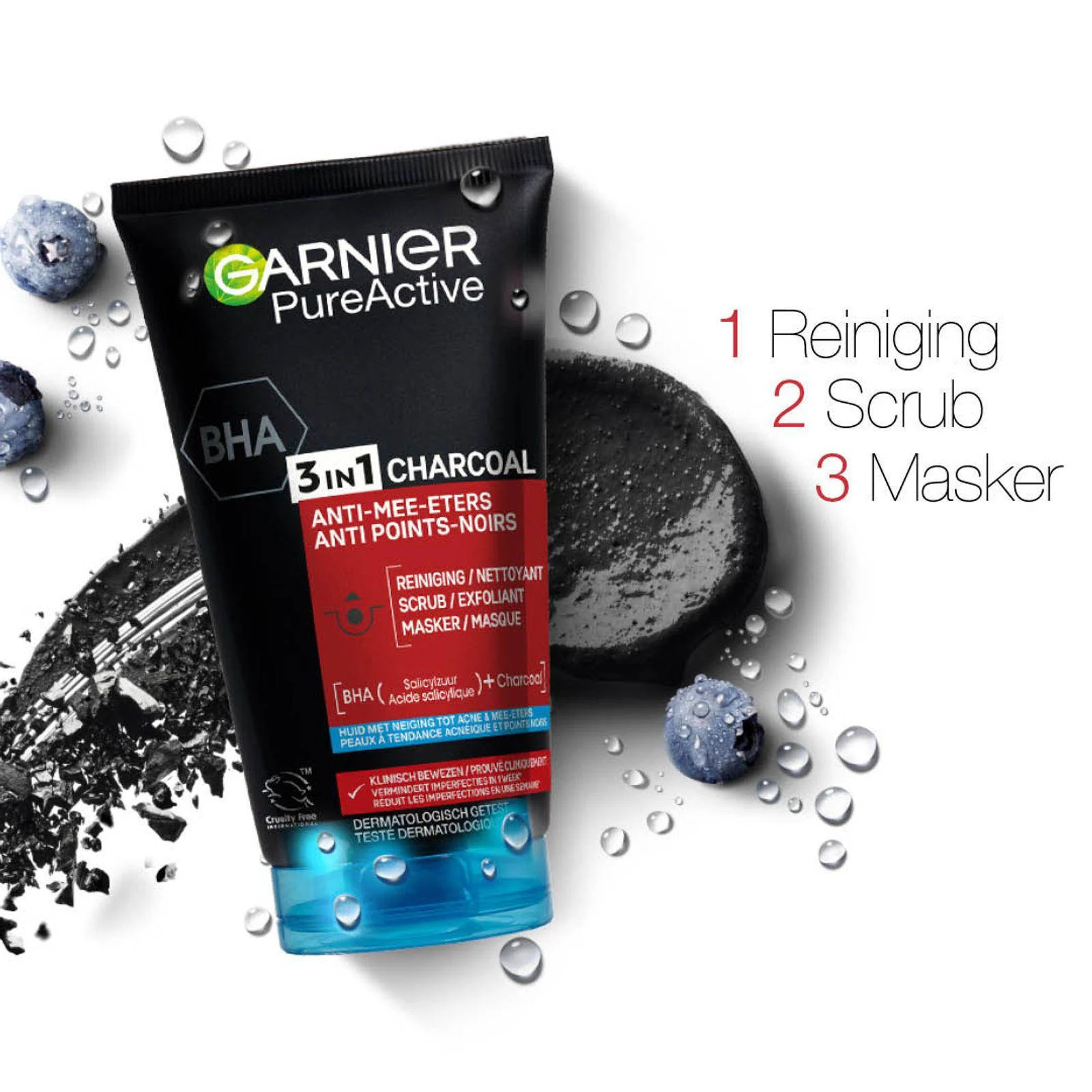 Garnier PureActive 3-in-1 Charcoal Anti Mee-Eters gezichtsreiniging - 150 ml