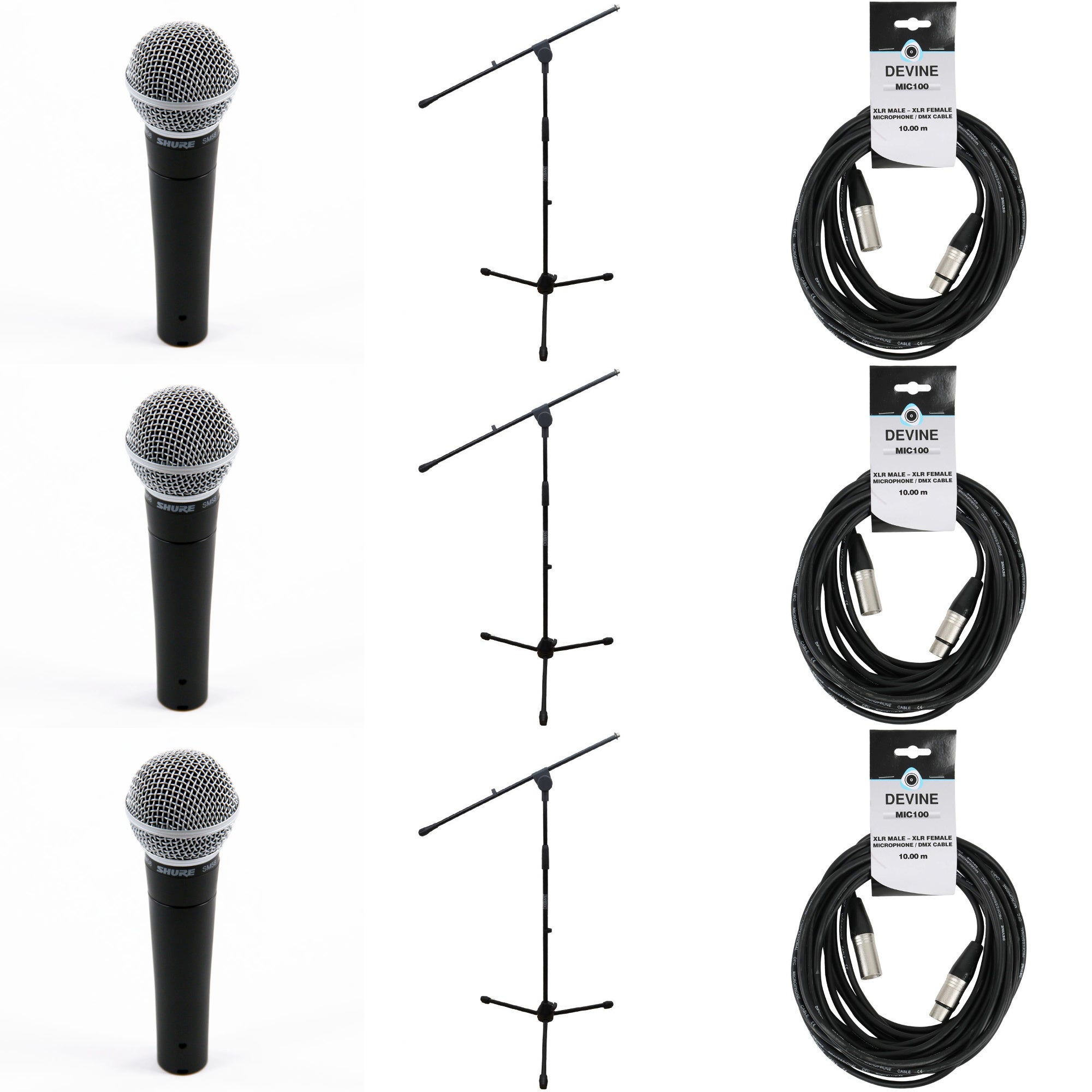 Shure SM58 LCE (3x) met statieven en kabels