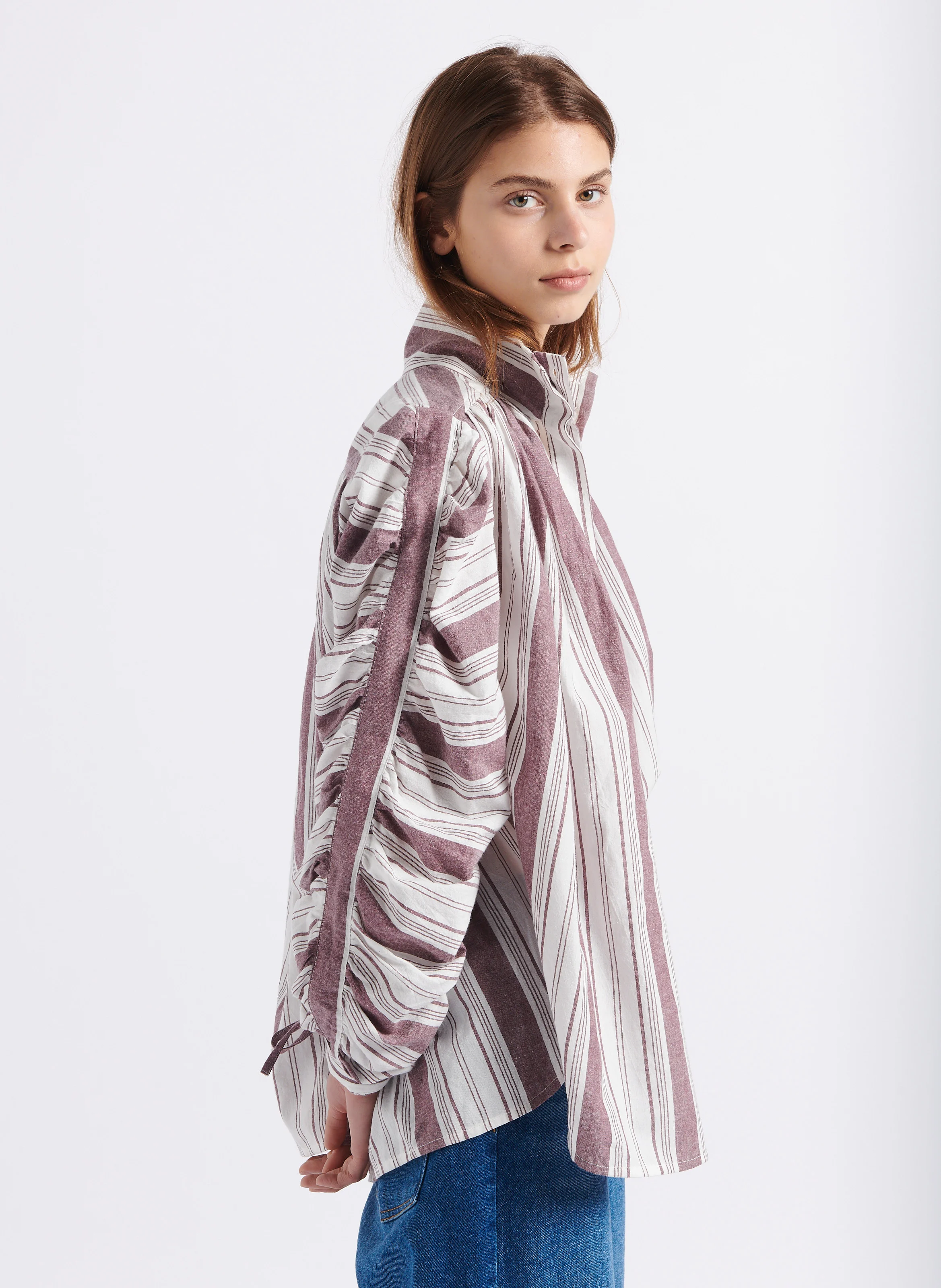 JOY - Chemise rayée col montant en coton | Blanc