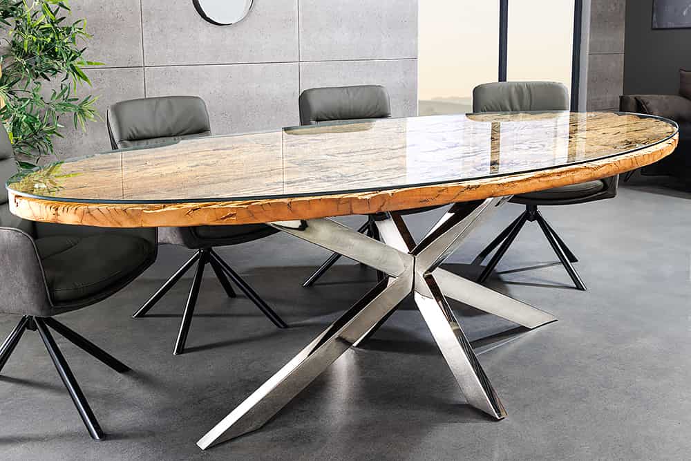 Massiver Esstisch BARRACUDA 220cm braun Teakholz silber Sterngestell Glasplatte