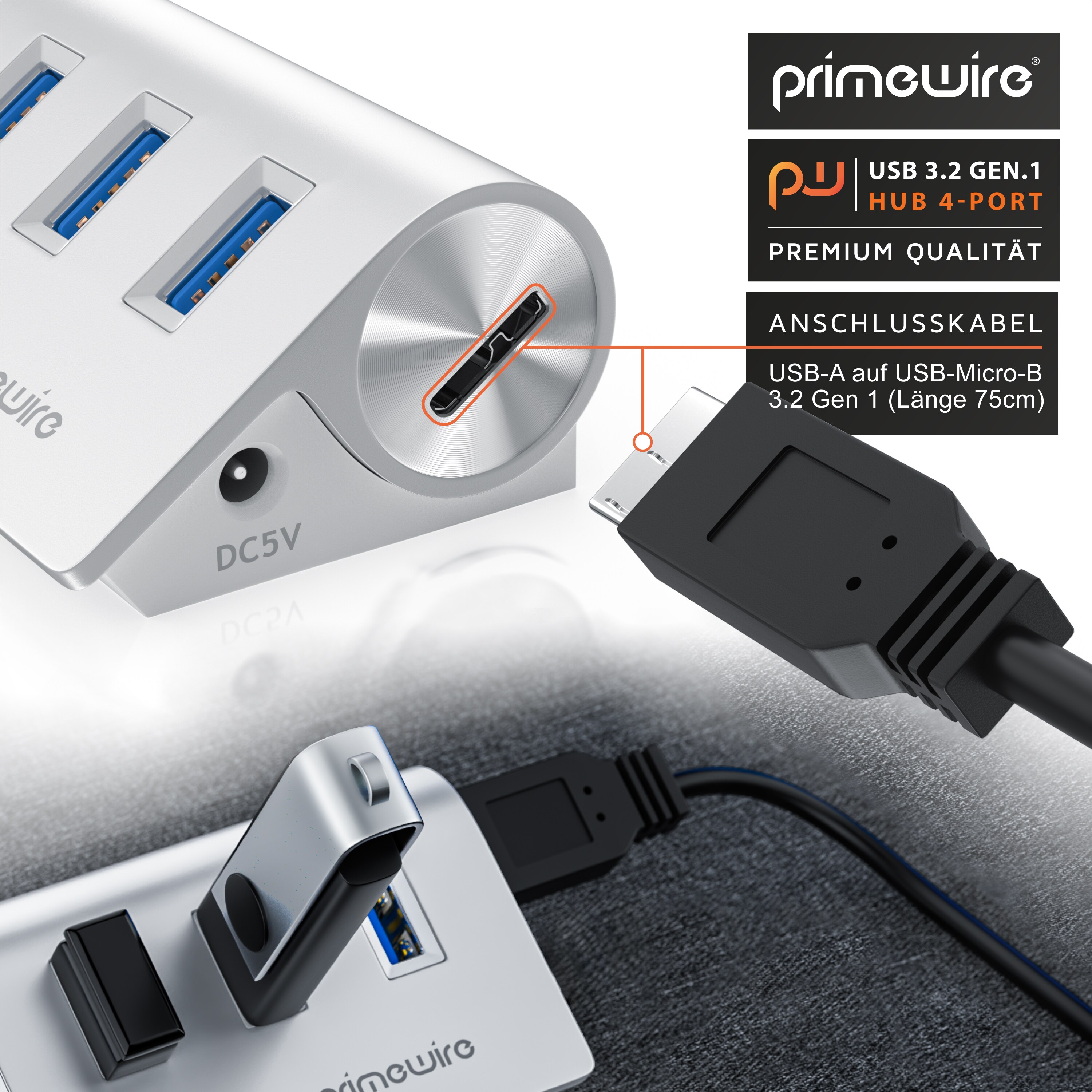 Primewire 4 Port USB 3.2 Gen1 SuperSpeed Datenhub Aluminiumgehäuse mit Netzteil Anschluss / Hot Plug