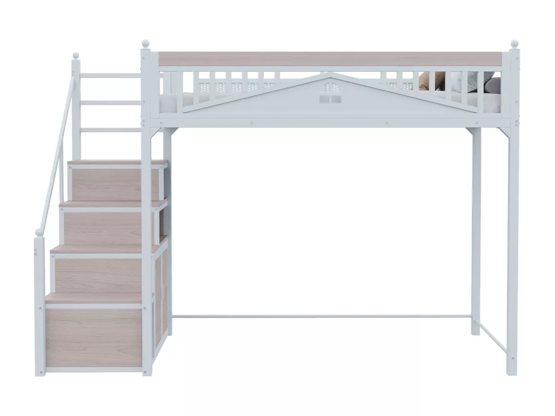 Lit mezzanine 90 x 200 cm avec espace de rangement - Métal + Contreplaqué + MDF - Sommier à lattes - Blanc