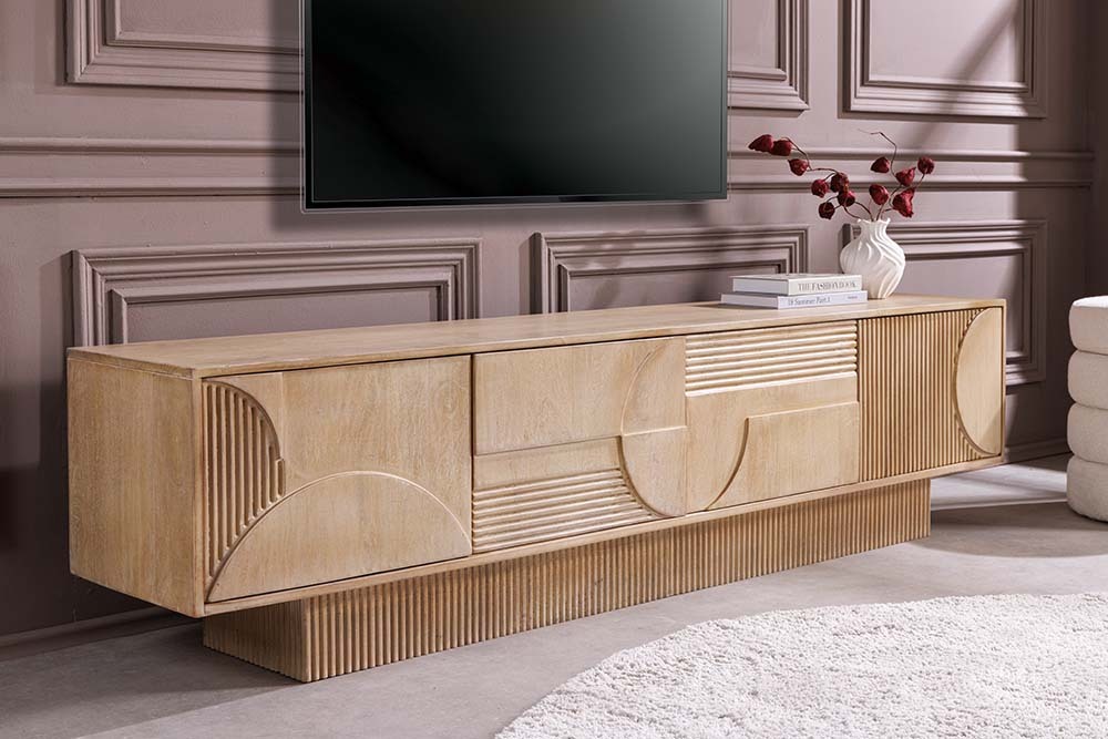 Massives TV-Board ART DECO 200cm weiß gekälkt Mangoholz 3D-Front handmade Lowboard