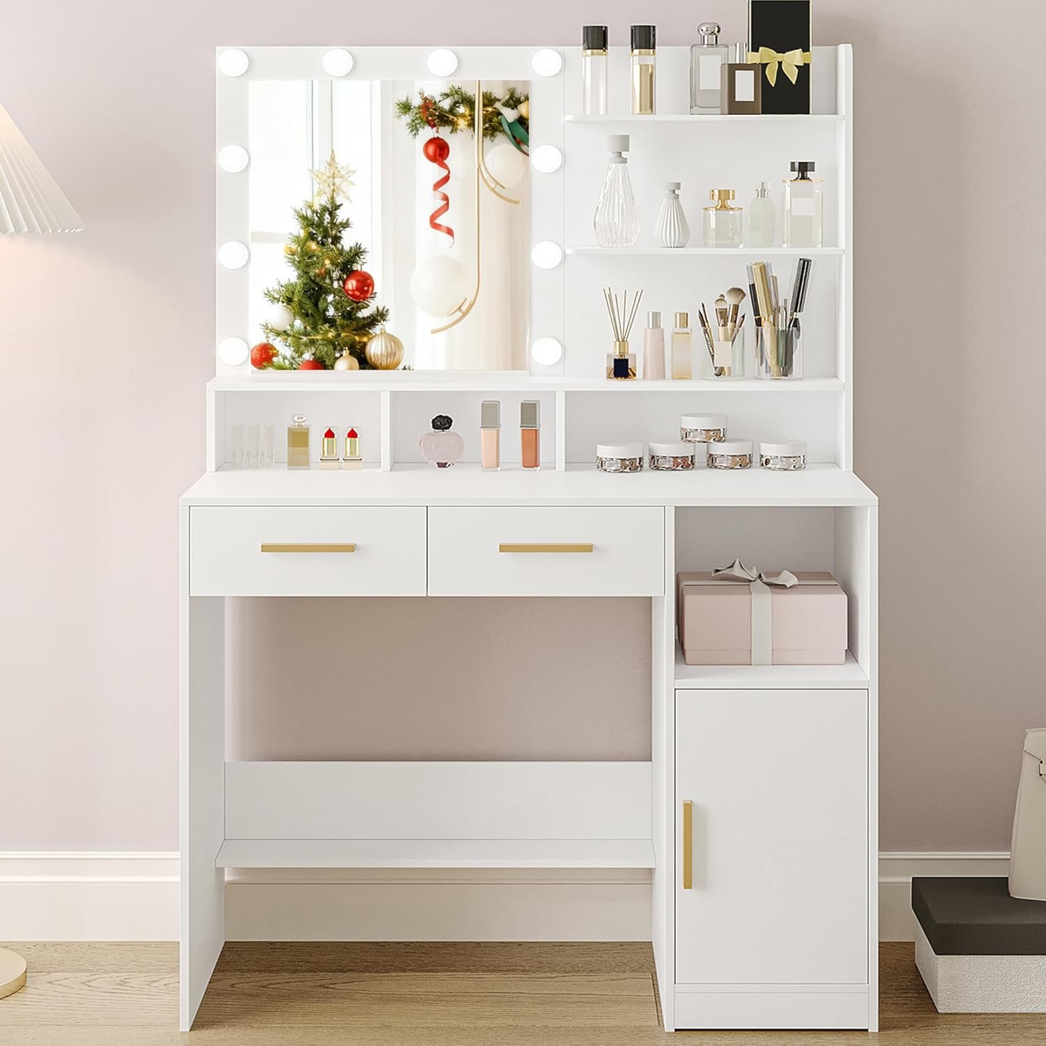 Hzuaneri Schminktisch mit Spiegel und 10 LED-Beleuchtung, Schminktische mit Einstellbare Helligkeit,Schminktisch mit 2 Schublade & 1 Schrank, 3 Ablagen & 4 offenen Fächern, Weiß DT32503X