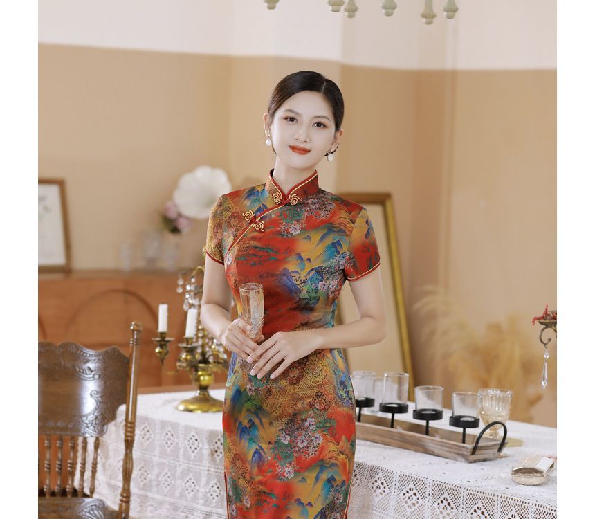 Golden Flowers - Korte mouwen bloemenprint midi kokerjurk qipao