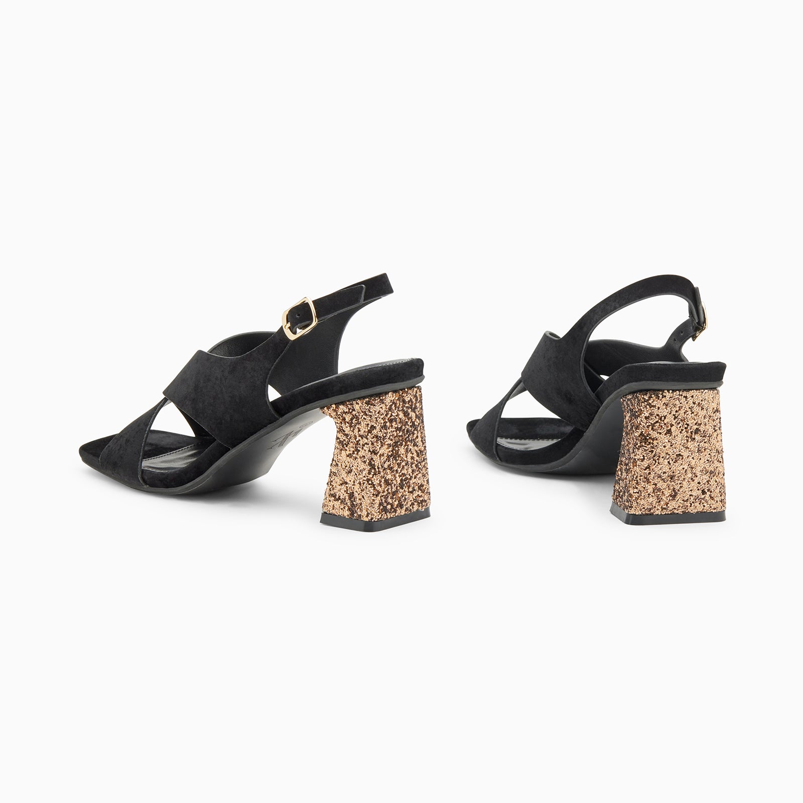 Sandales à talon, Compensées-Sandales Milan noires à brides croisées et talon bronze pailleté