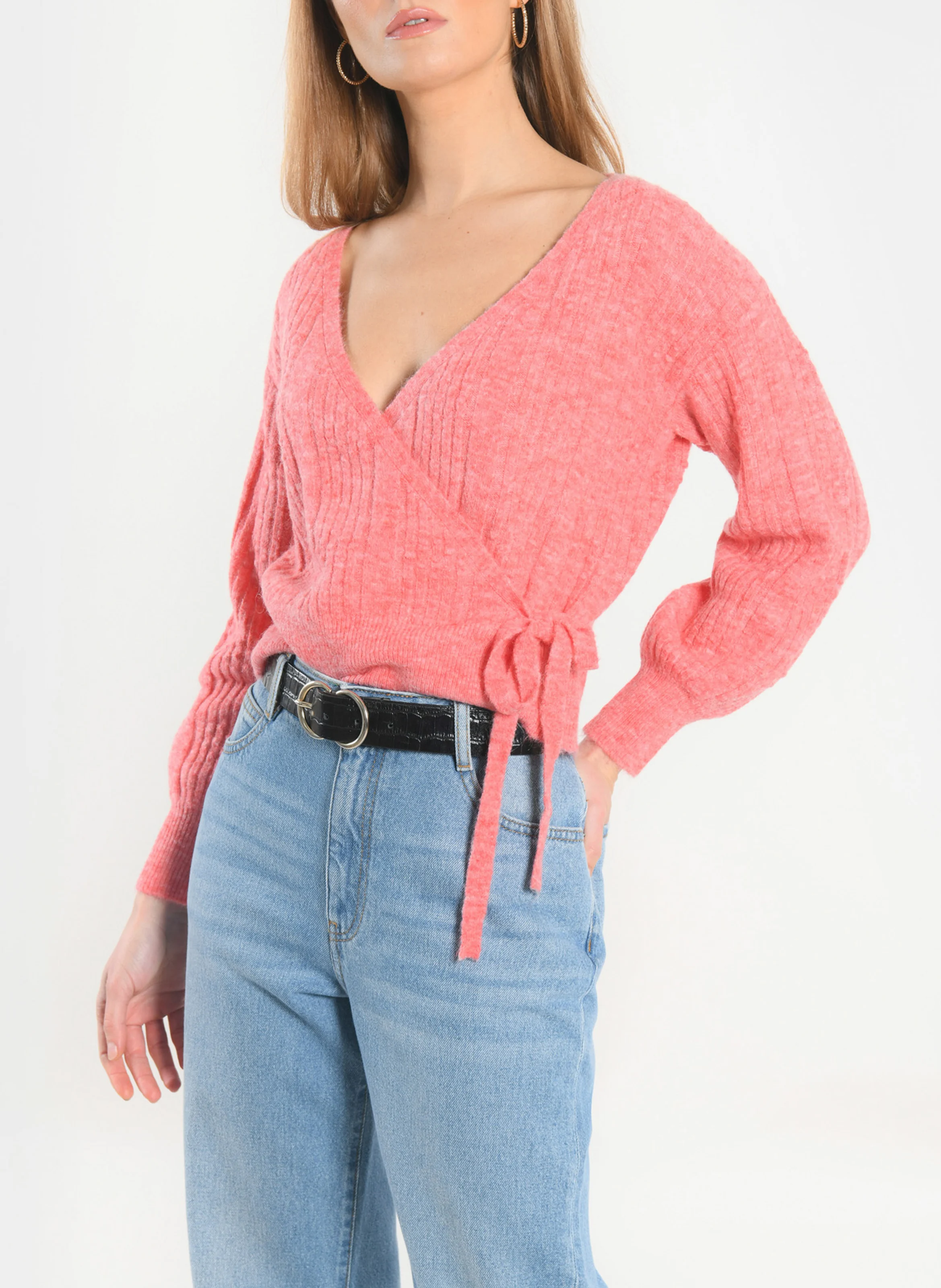 CARRY - Gilet cache-cœur en maille côtelée | Rose