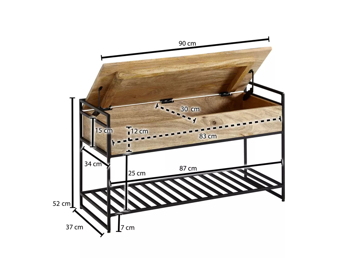 Banc avec Espace de Rangement 90 cm Bois Massif Banquette Couloir Métal