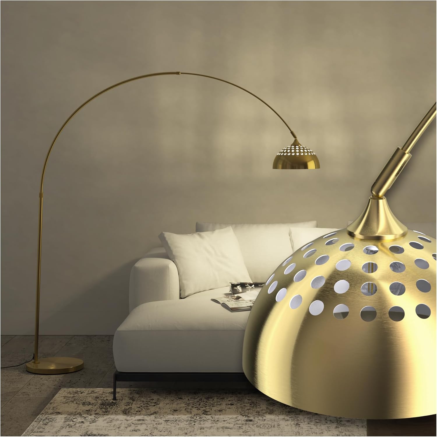 tectake® Bogenleuchte, Bogenlampe, Stehlampe Wohnzimmer, Esszimmerlampe modern, Schirmlampe hängend, Retro Vintage Optik, Lampe Esszimmer, Standleuchte, Standlampe - gold