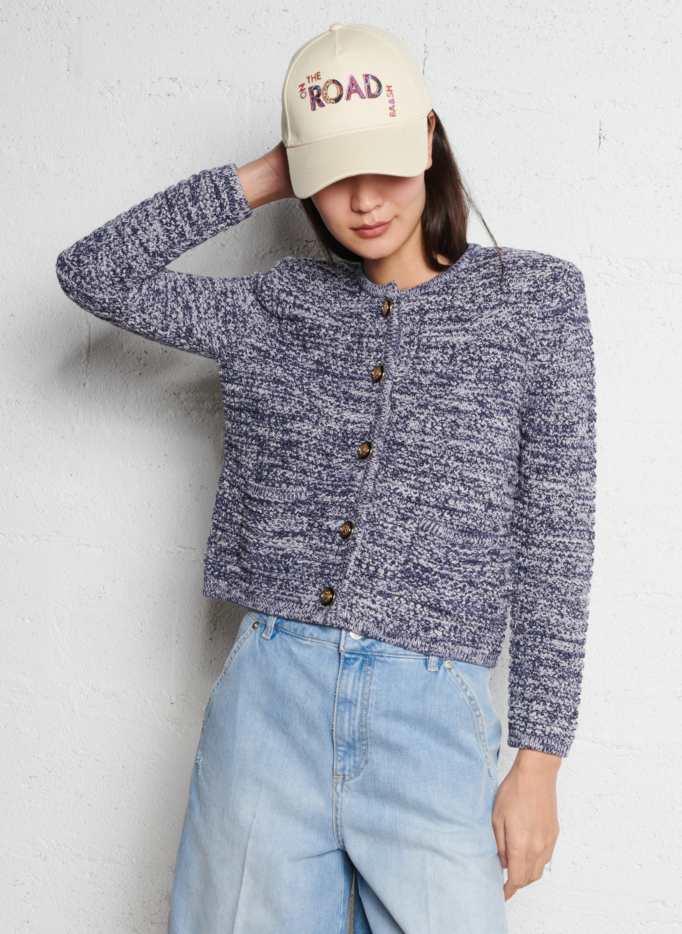GUSPA - Gilet droit col rond en coton mélangé | Bleu