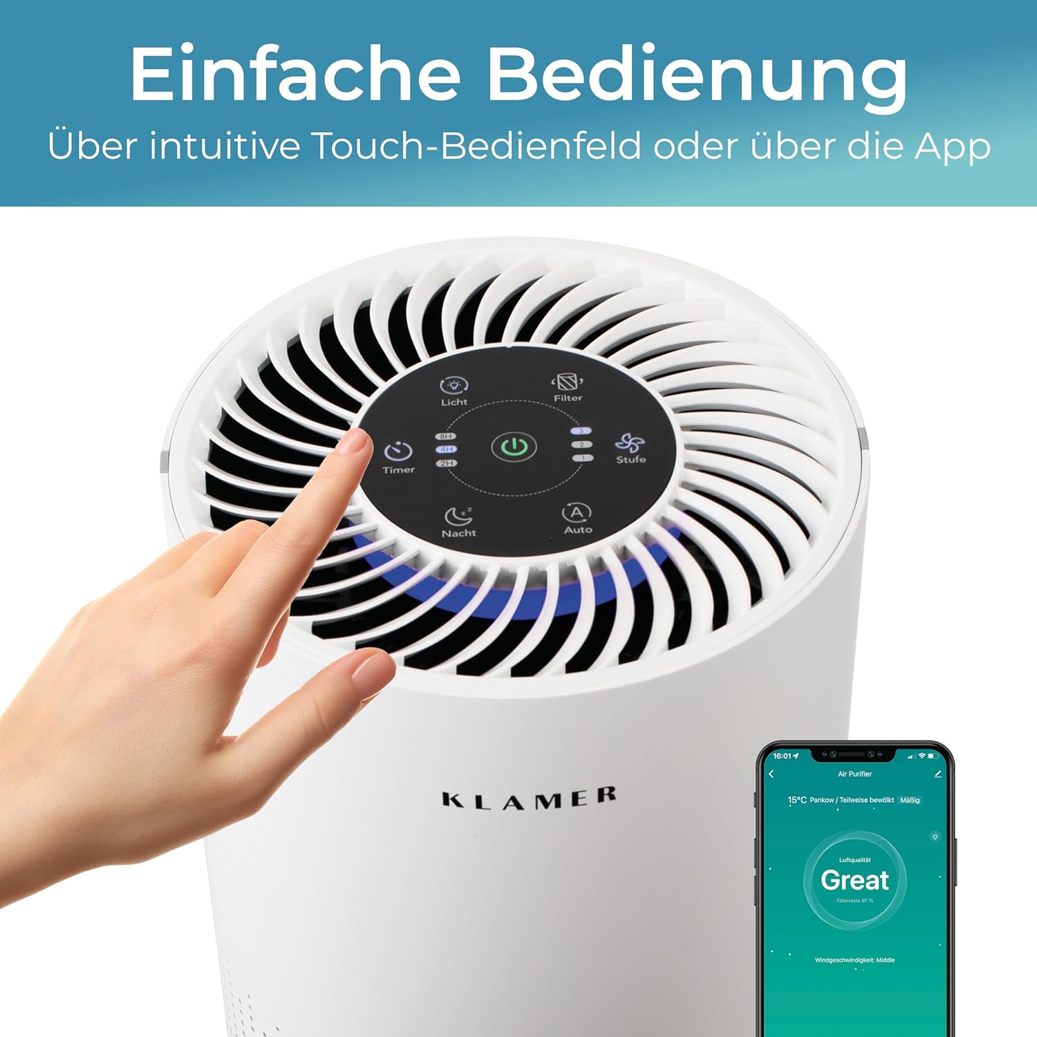 KLAMER Luftreiniger 300i mit HEPA Filter, CADR Spitzenleistung von 220 m³/h, für Räume bis 50m², entfernt bis zu 99,9% Pollen, Staub, Viren und Allergene, 3 Modi inkl. Automatikmodus