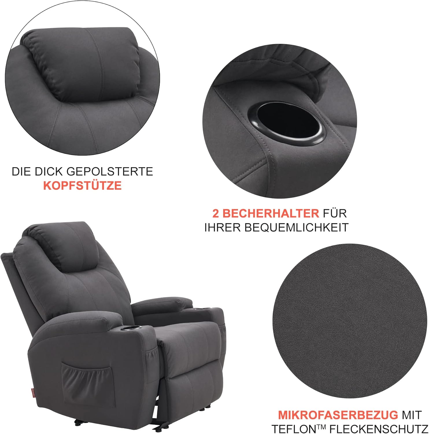 M MCombo Elektrisch Relaxsessel Massagesessel Fernsehsessel Liegefunktion Vibration Heizung 7061 neues Modell (Dunkelgrau -Mikrofaser)
