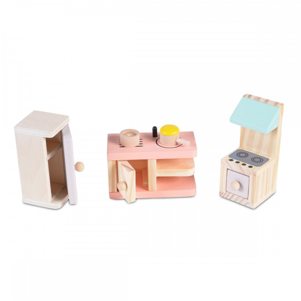 Moni Holz-Puppenmöbel Küche 4013 Möbelset Kühlschrank Herd Küchentheke Zubehör bunt
