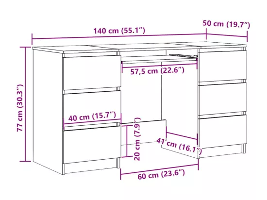 Bureau Sonoma gris 140x50x77 cm Bois d'ingénierie