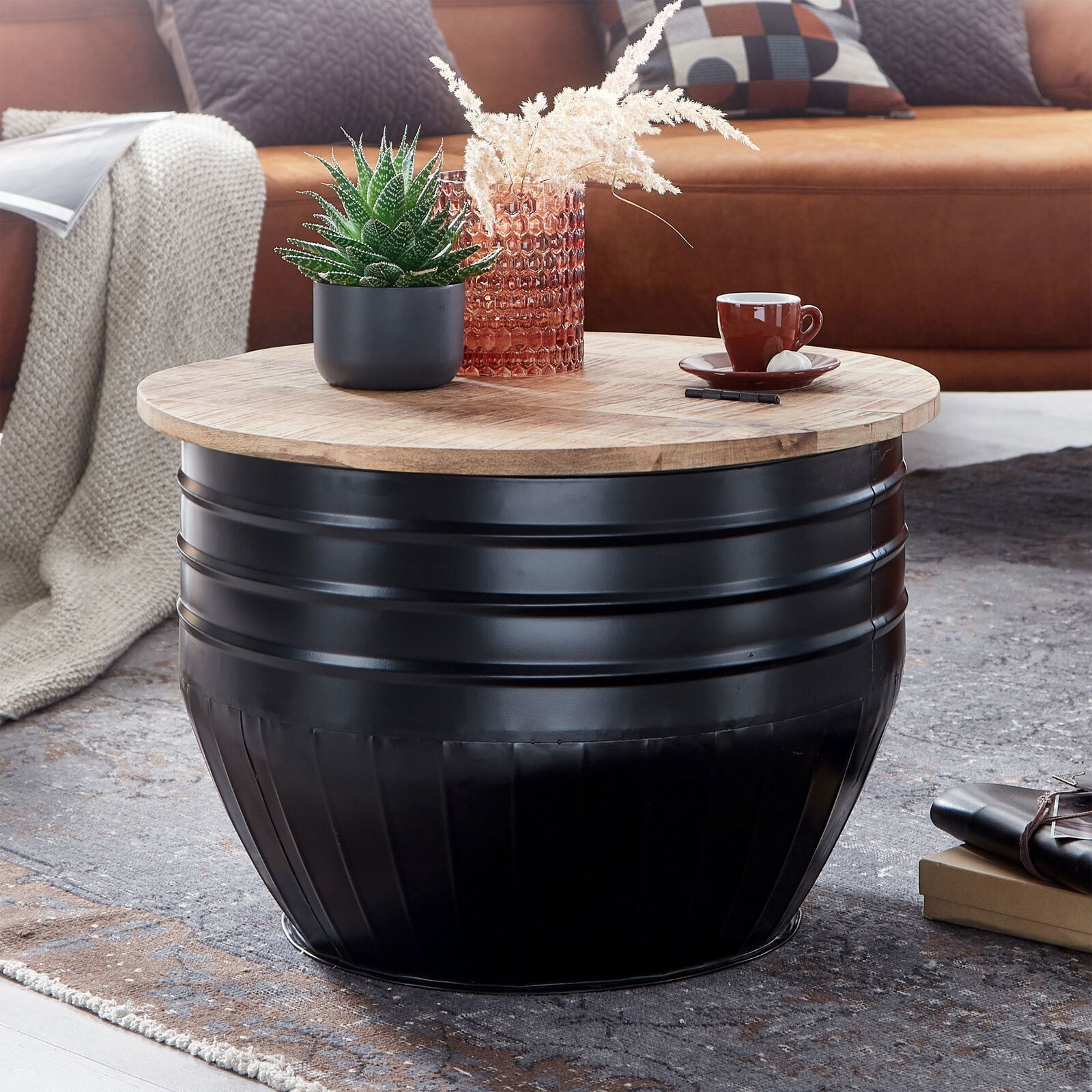 Couchtisch rund Ø 60 cm Metall Schwarz/Mango massiv