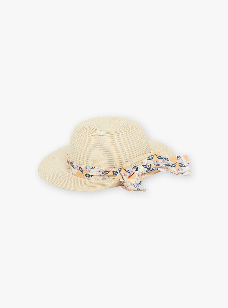 Chapeau de paille avec bande à imprimé clémentines et fleurs