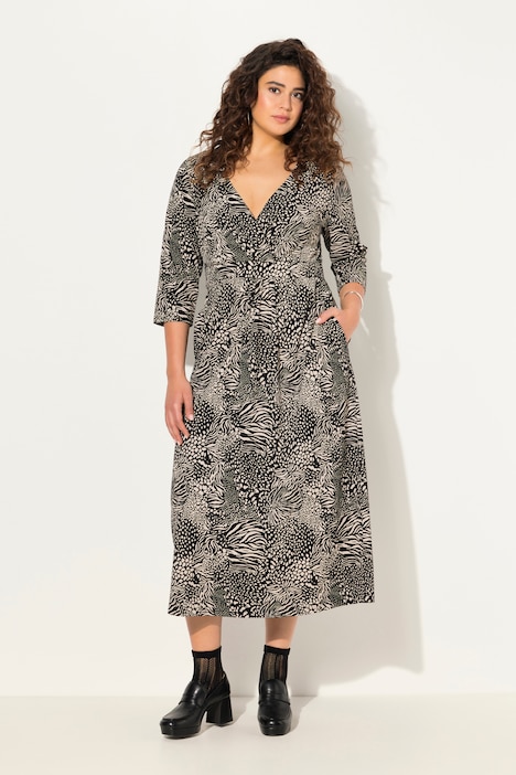 Jersey-Maxikleid, Animal, A-Linie, V-Ausschnitt, 3/4-Arm