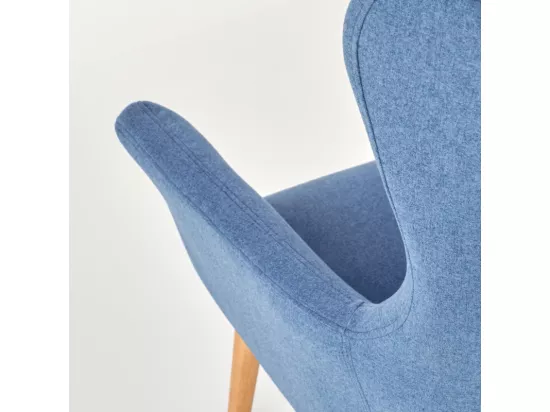 Fauteuil rembourré en tissu bleu avec dossier haut et pieds en bois de caoutchouc WISH