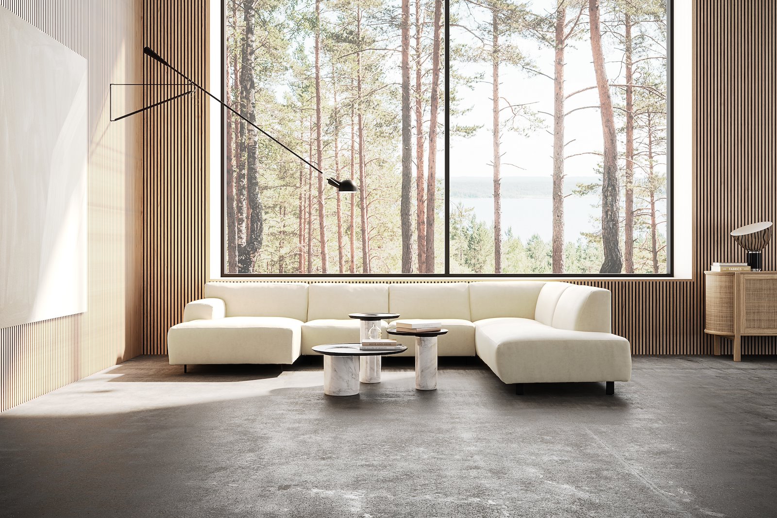 Vesta U-sofa Sjeselong venstre, 3-seter og åpen ende høyre. Big hjørnemodul, Tekstil Velvety Ivory, sort metallben 10 cm, Comfort CM