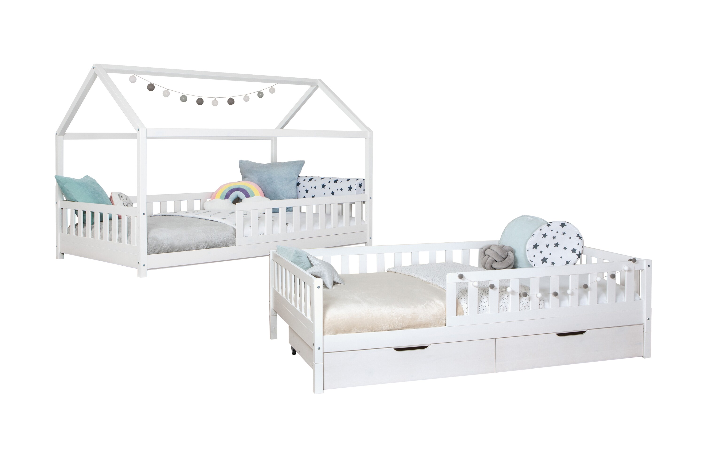 TiCAA 2 in 1 Hausbett Bodenbett wandelbar mit abnehmbaren Dach Duo 90x200, 100x200 cm, 120x200 cm, 140x200 Weiß für Jungen & Mädchen mit Schubladen, Rausfallschutz & Rolllattenrost – aus Kiefer Massivholz