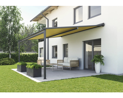 SOLUNA Pergola met stoffen dak 4x3, stoffen dessin S1468, frame RAL 7016 antracietgrijs, aandrijving links inclusief motor, wandschakelaar (wandmontage)